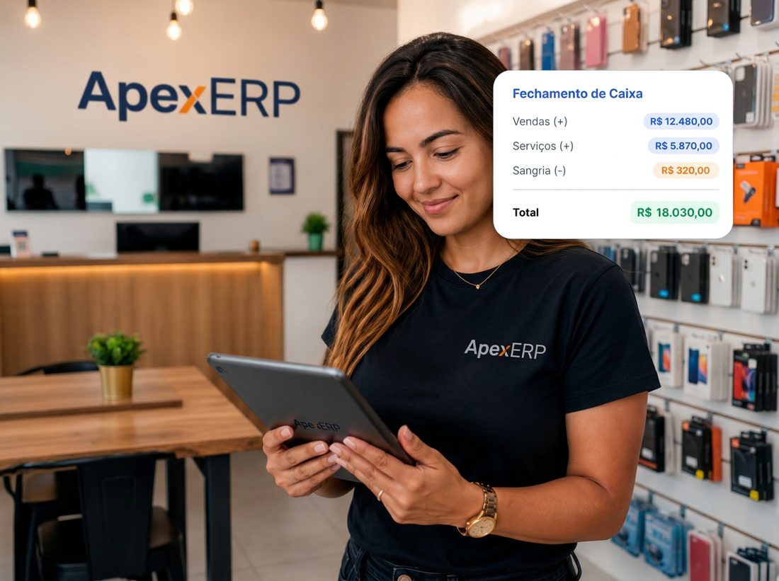 Empreendedora gerenciando sua loja com o Apex ERP